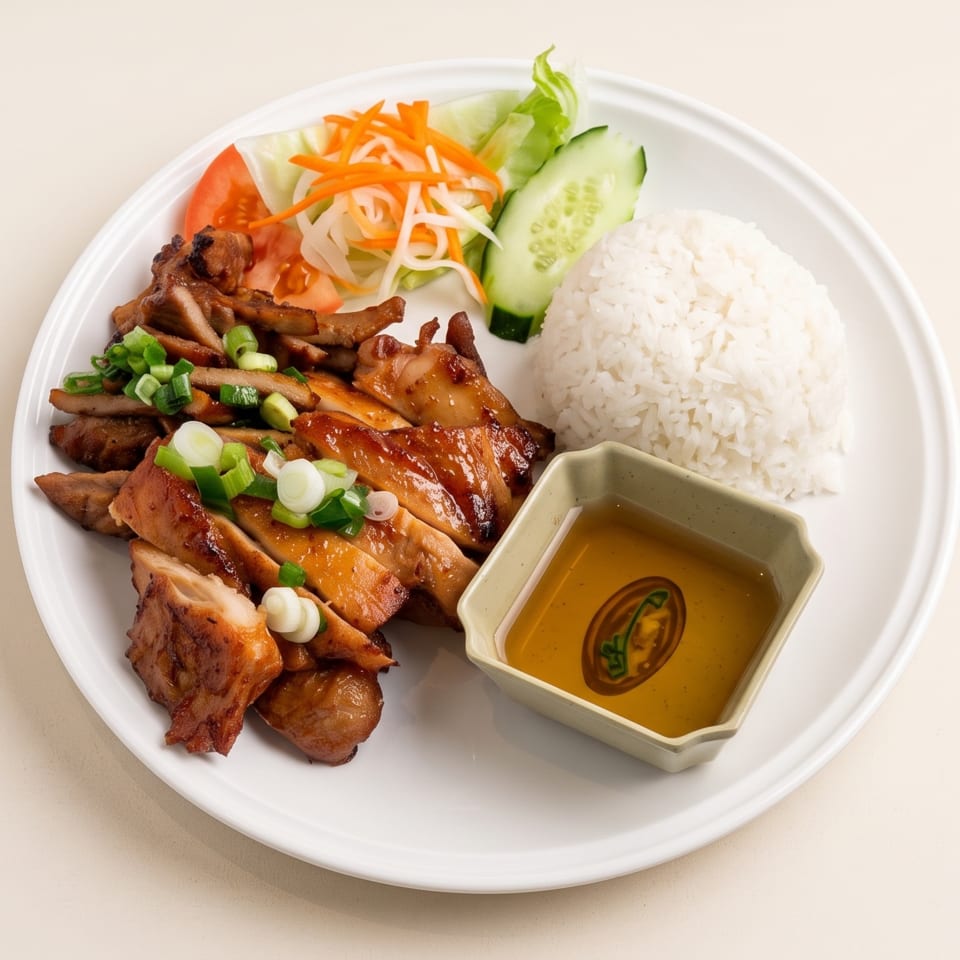 Vietnamese-style grilled meat with white rice, pickled vegetables, cucumber, scallions, and dipping sauce on a plate.