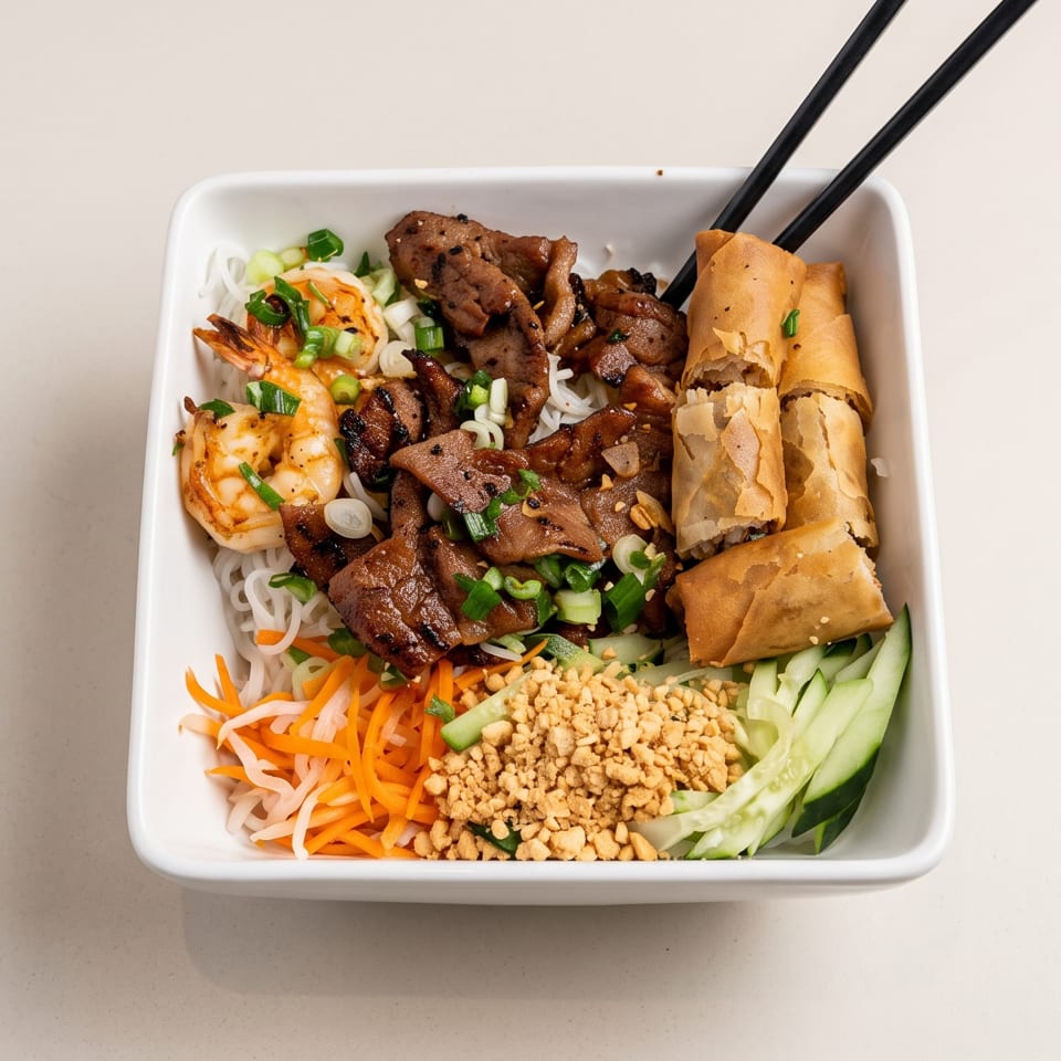 Vietnamese vermicelli bowl topped with grilled meat, shrimp, spring rolls, vegetables, peanuts, and chopsticks.