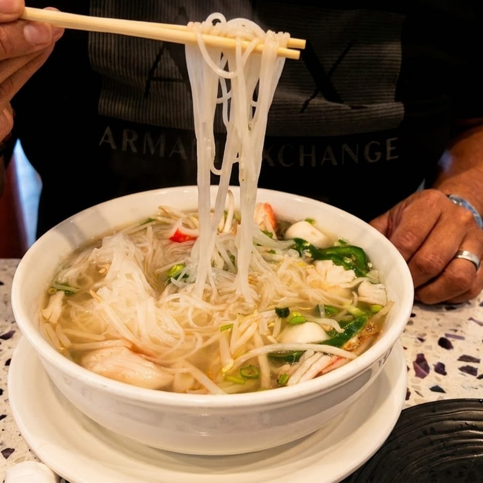 Diner lifts rice noodles with chopsticks from a steaming bowl of Vietnamese pho topped with vegetables.