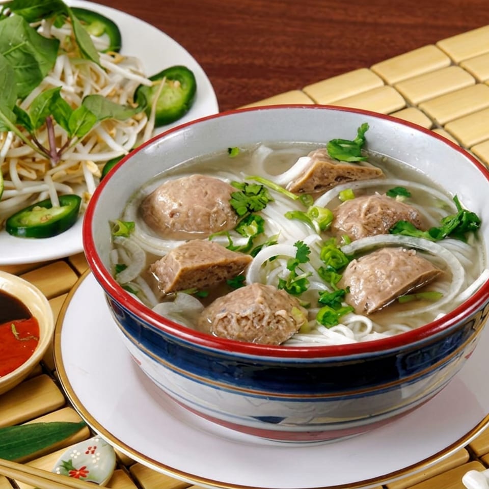 Vietnamese noodle soup with meatballs, herbs, lime, jalapeños, dipping sauces, chopsticks, and a bamboo placemat.