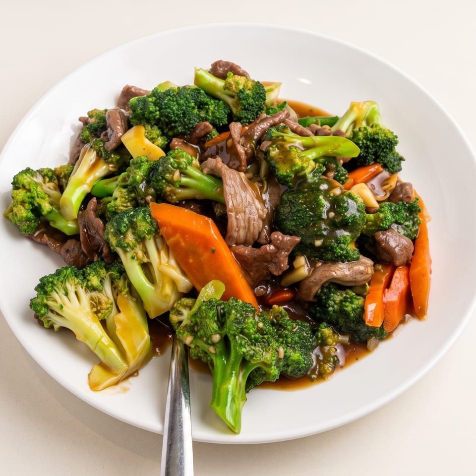 Beef and broccoli stir-fry with carrots and peppers in glossy sauce, served on a white plate.