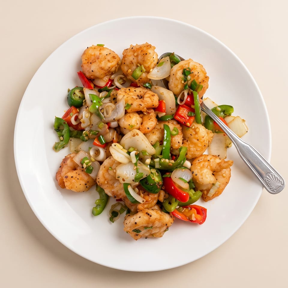 Crispy golden chicken pieces stir-fried with red and green peppers, onions, and scallions on a white plate.