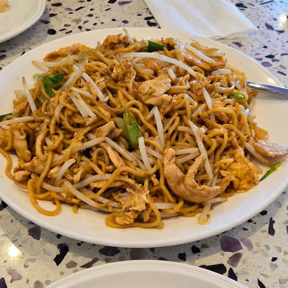 Plate of stir-fried noodles with chicken, bean sprouts, and green vegetables on a terrazzo restaurant table.