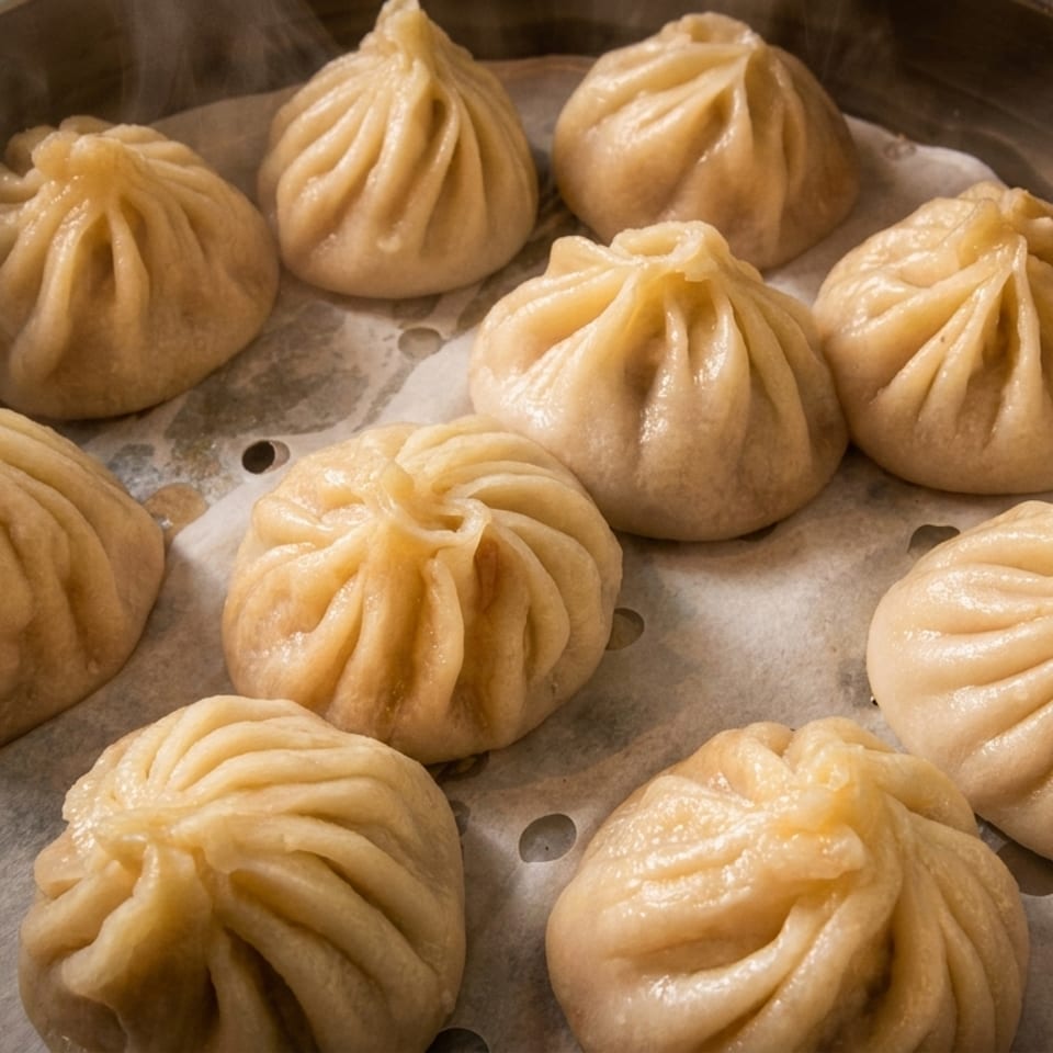 Steaming pleated dumplings arranged in a metal steamer basket.